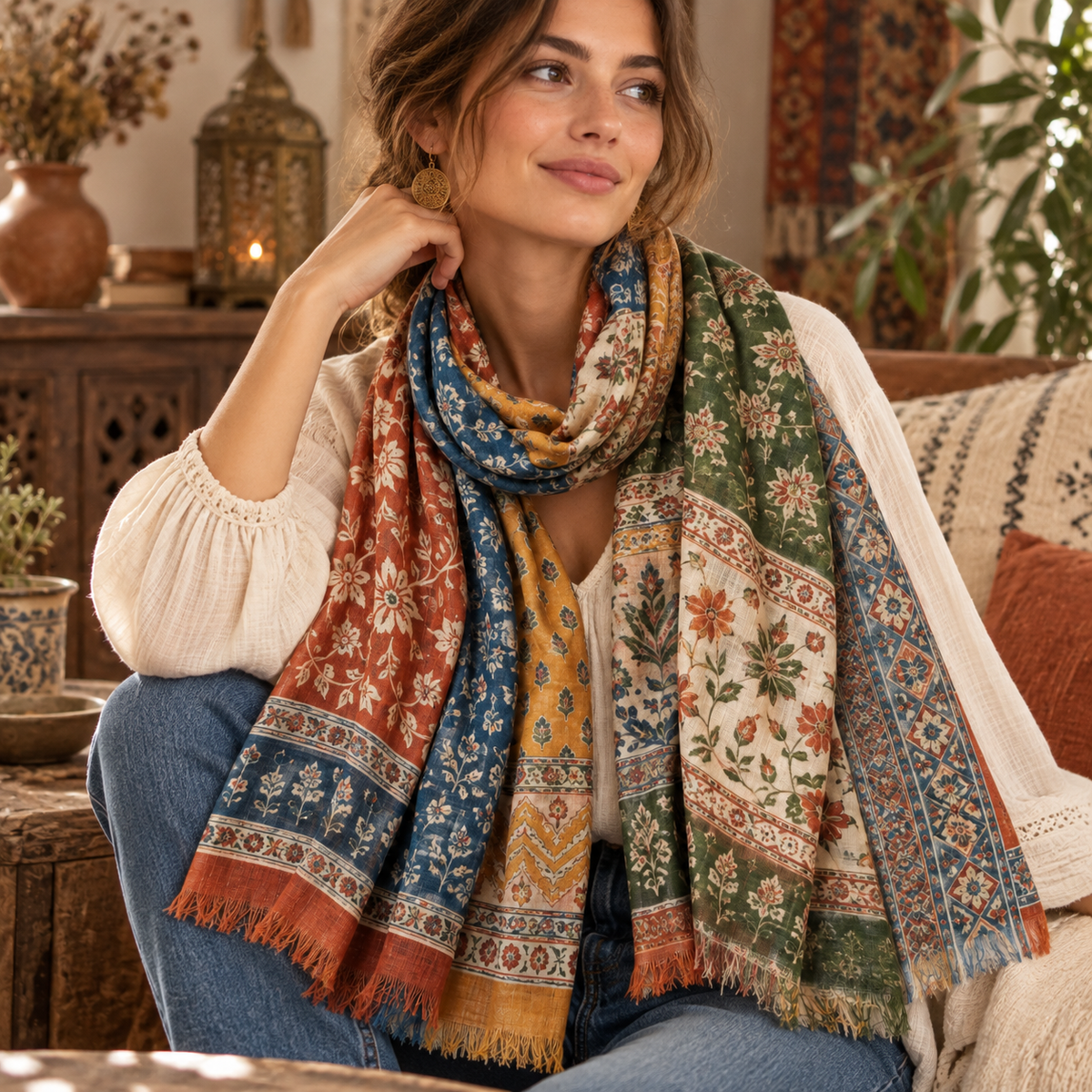 Folk Patchwork Print Scarf
