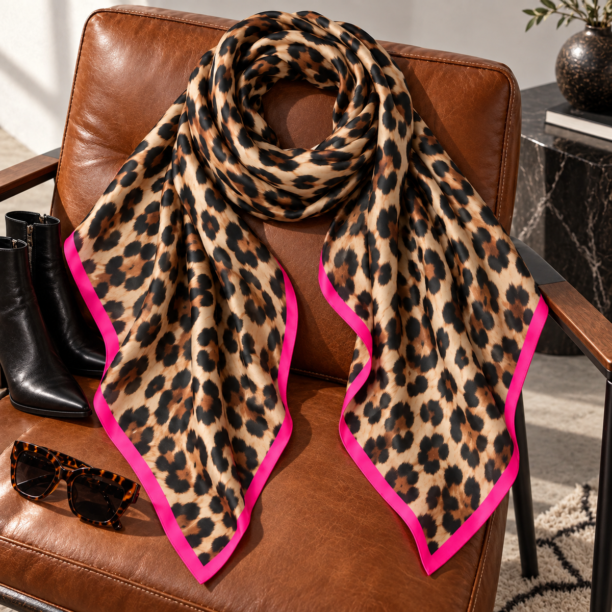 Leopard Print Scarf with Neon Trim